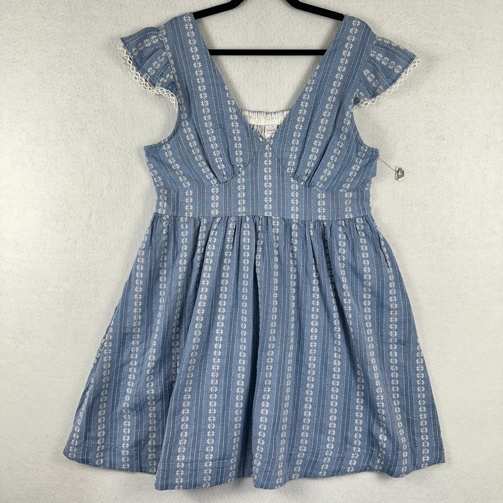 Peyton & Parker Chambray Cap Sleeve Dress Womens Sz L V Neck Floral Empire Waist